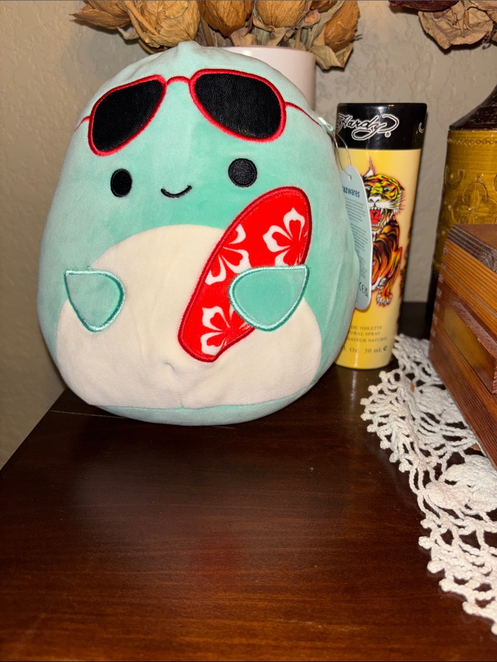 Squishmallows Perry Blue Plush with Red Surfboard and Black Sunglasses